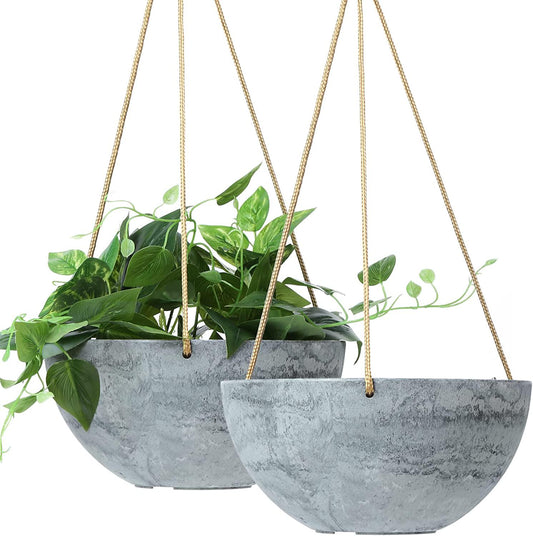 HECTOLIFE 2-Pack 10 Inch Hanging Planter Indoor Outdoor Planter Pot Plant Containers with Drainage Hole, Plant Pot for Hanging Plants,Hanging Flower Pot (Grey)-