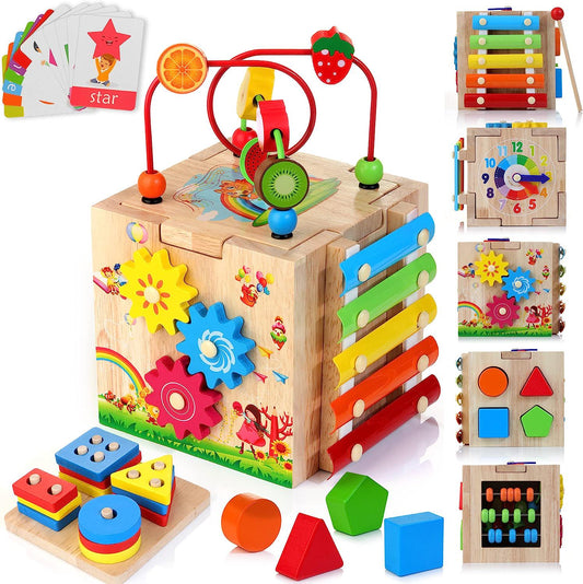 HELLOWOOD Wooden Activity Cube, 8-in-1 Montessori Toys Gift Set for 12+ Months Boys and Girls, Educational Learning Toys-