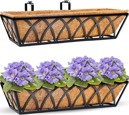 HFHOME 24 inch Window Deck Rail Planter Including Coco Liner, 24 Dia Window Box Horse Trough with Coconut Coir Liners, Black Metal Hanging Flower Planter Basket for Indoor Outdoor Lawn - Set of 2-