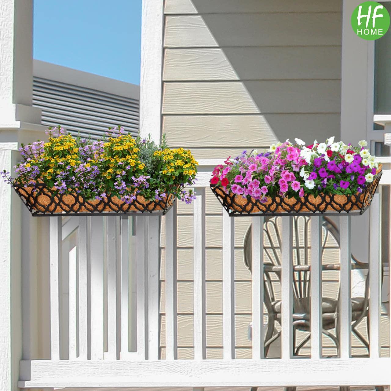 HFHOME 24 Inch Window Deck with Coco Liner, 24 Window Boxes Horse Trough with Coconut Coir Liner, Black Metal Hanging Flower Planter Basket Railing Planter - 4 Pack