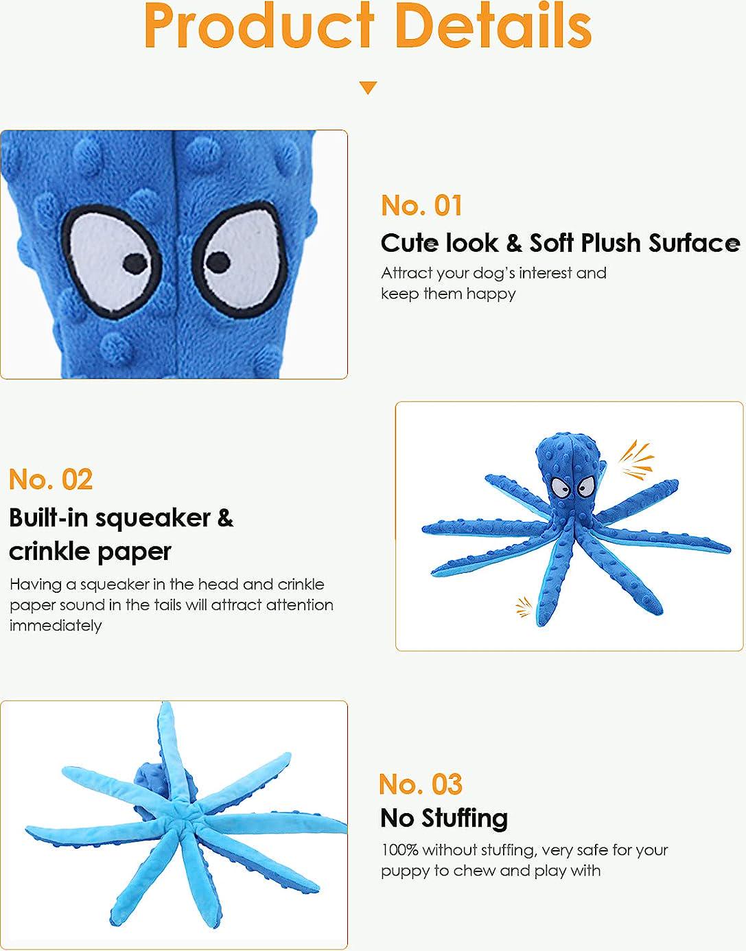 Squeaky Dog Toys, Octopus No Stuffing Crinkle Plush Dog Chew Toys for Puppy Teething, Pet Training and Entertaining, Durable Interactive Dog Toys