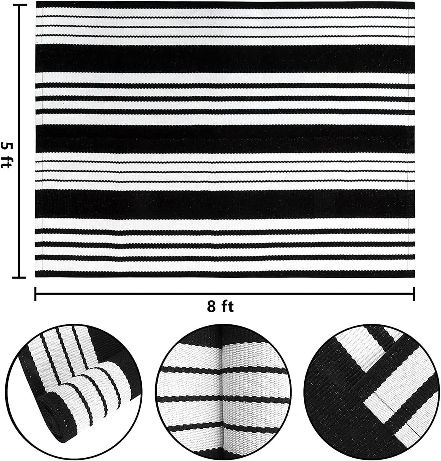 Black and White Outdoor Patio Rug Hand-Woven Cotton Striped Outdoor Rugs Washable Rug Indoor/Outdoor Area Rug Floor Mat
