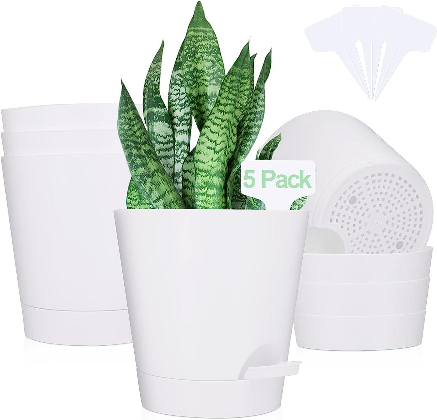 HQMHLCD Plant Pots, 5 Pack 6 Inch Flower Pots Self Watering Plastic Planter with Drainage Hole SaucersÂ for Indoor Outdoor Succulents, Â African Violet Flower Plants (White-6 inch)-