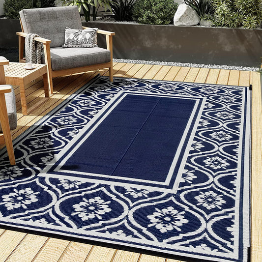 HUGEAR Outdoor Rug Mats, Large Waterproof Outdoor Area Rug, Reversible Portable Outdoor Plastic Straw Carpet for RV Deck Camping Front Door Indoor Outside Porch Picnic (5x8ft Lantern Navy Blue&White)-