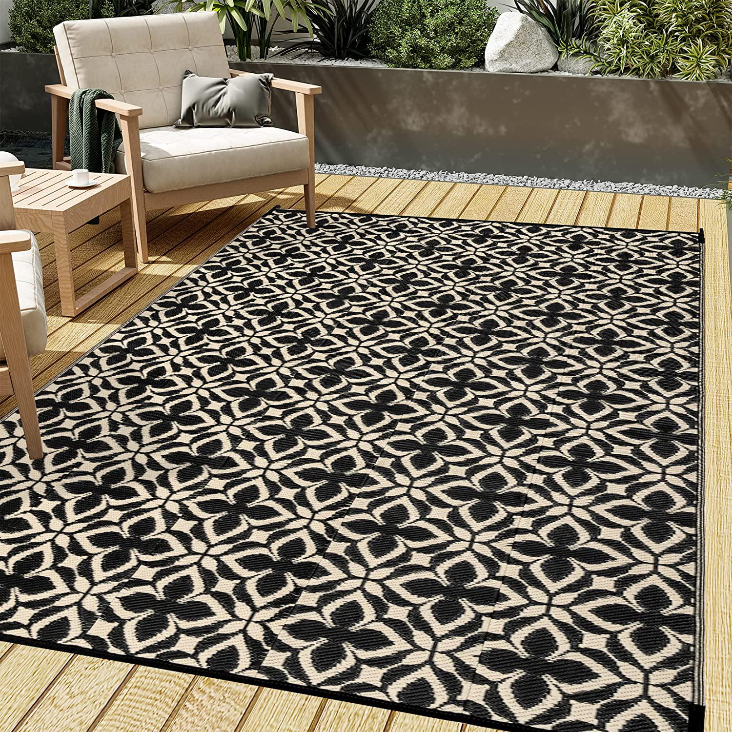 HUGEAR Outdoor Rug for Patios Clearance,Waterproof Mat,Large Outside Carpet,Reversible Plastic Straw Camping Rugs,Rv,Porch,Deck,Camper,Balcony,Backyard (5x8,Clover A/Black&Beige)-