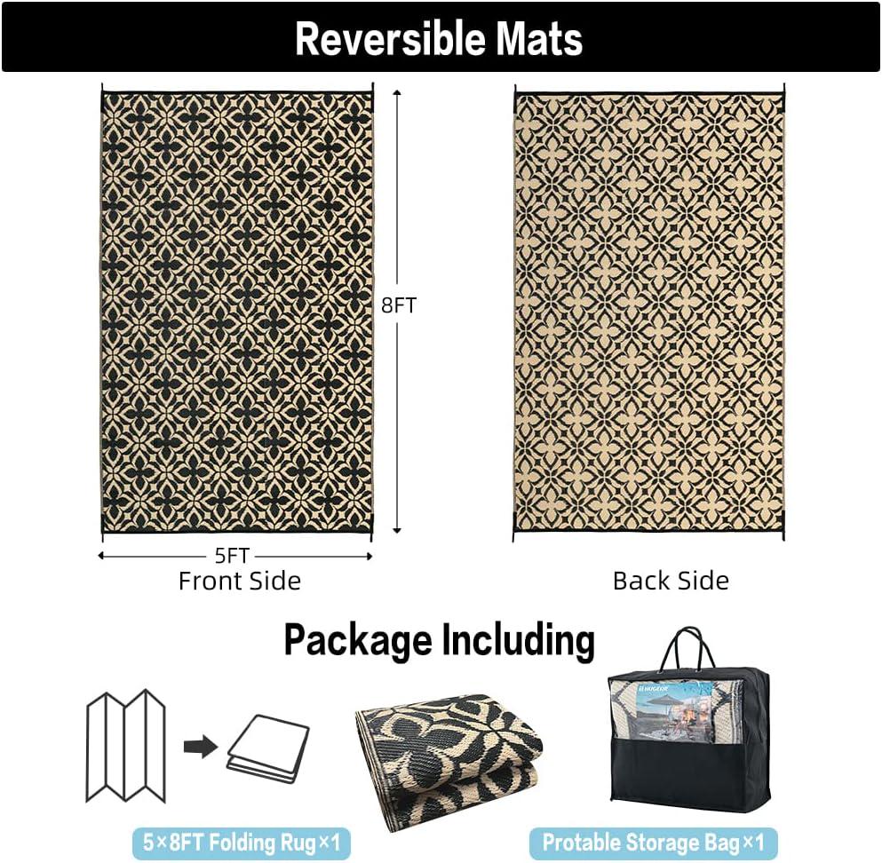 Outdoor Rug for Patios Clearance,Waterproof Mat,Large Outside Carpet,Reversible Plastic Straw Camping Rugs,Rv,Porch,Deck,Camper,Balcony,Backyard (5x8,Clover A/Black&Beige)