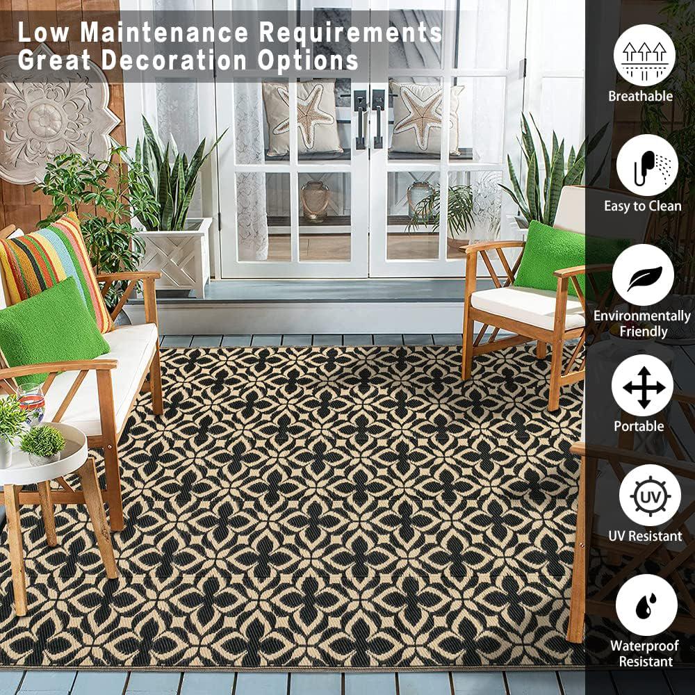 Outdoor Rug for Patios Clearance,Waterproof Mat,Large Outside Carpet,Reversible Plastic Straw Camping Rugs,Rv,Porch,Deck,Camper,Balcony,Backyard (5x8,Clover A/Black&Beige)