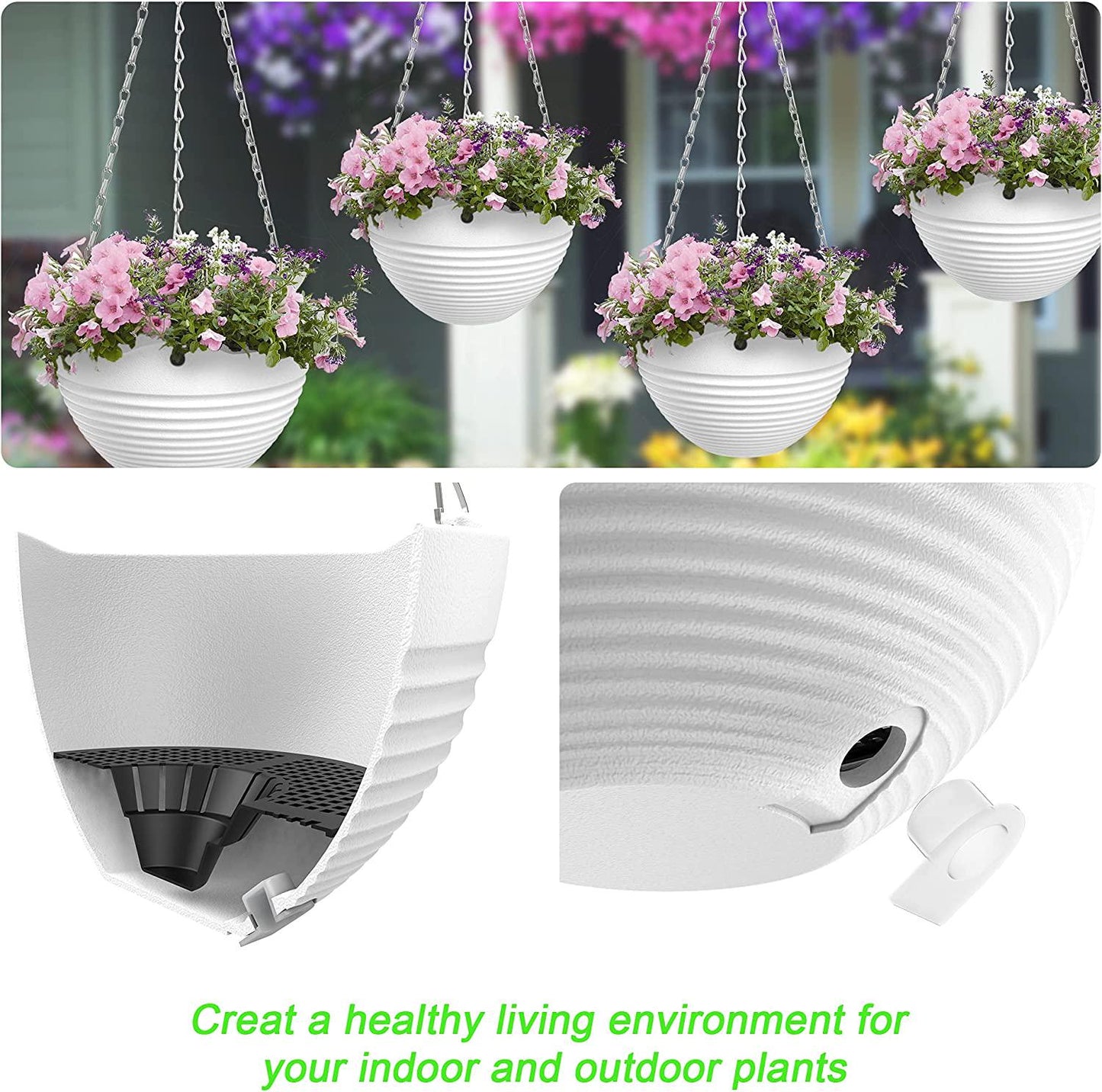Hanging Planters, Set of 9 White Hanging Pots, 8 Hanging Flower Pots, Hanging Plant Pots Baskets with Drainage Plugs, Water Barrier and Hanging Chains Free Mini Garden Tools Set, Best Garden Gift