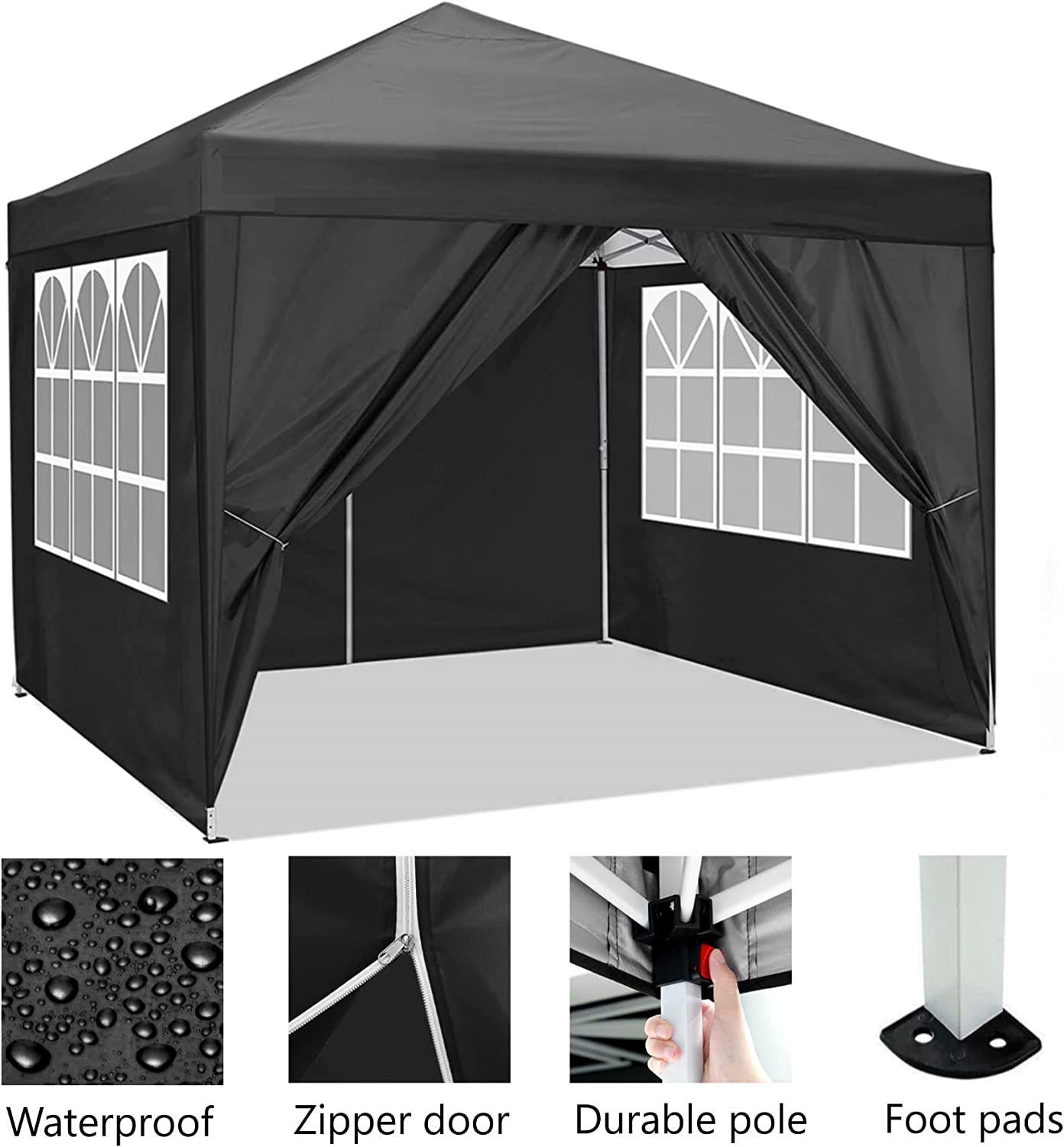 Harmon Wandyer Pop Up 10'x10' Gazebo Portable Canopy Tent with 4 Sidewalls for Outdoor Parties Patio Lawn Wedding, Black