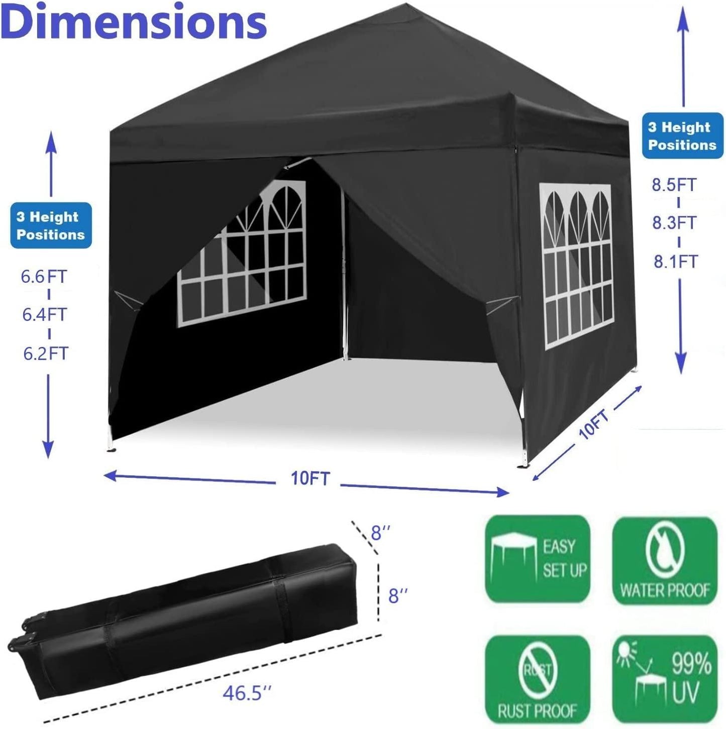 Harmon Wandyer Pop Up 10'x10' Gazebo Portable Canopy Tent with 4 Sidewalls for Outdoor Parties Patio Lawn Wedding, Black