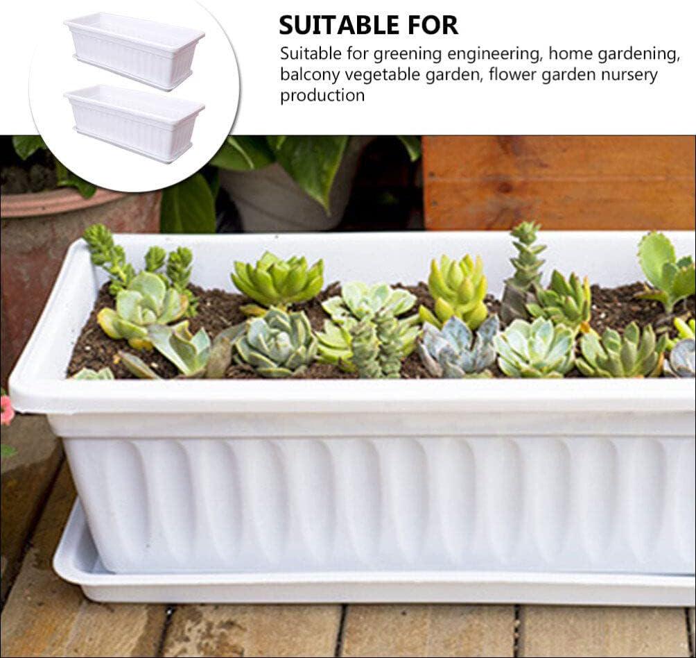 Healvian 2Pcs Window Box Planter Rectangular Flower Pots Box Plastic Windowsill Planting Pots with Tray for Balcony Patio Porch (White)