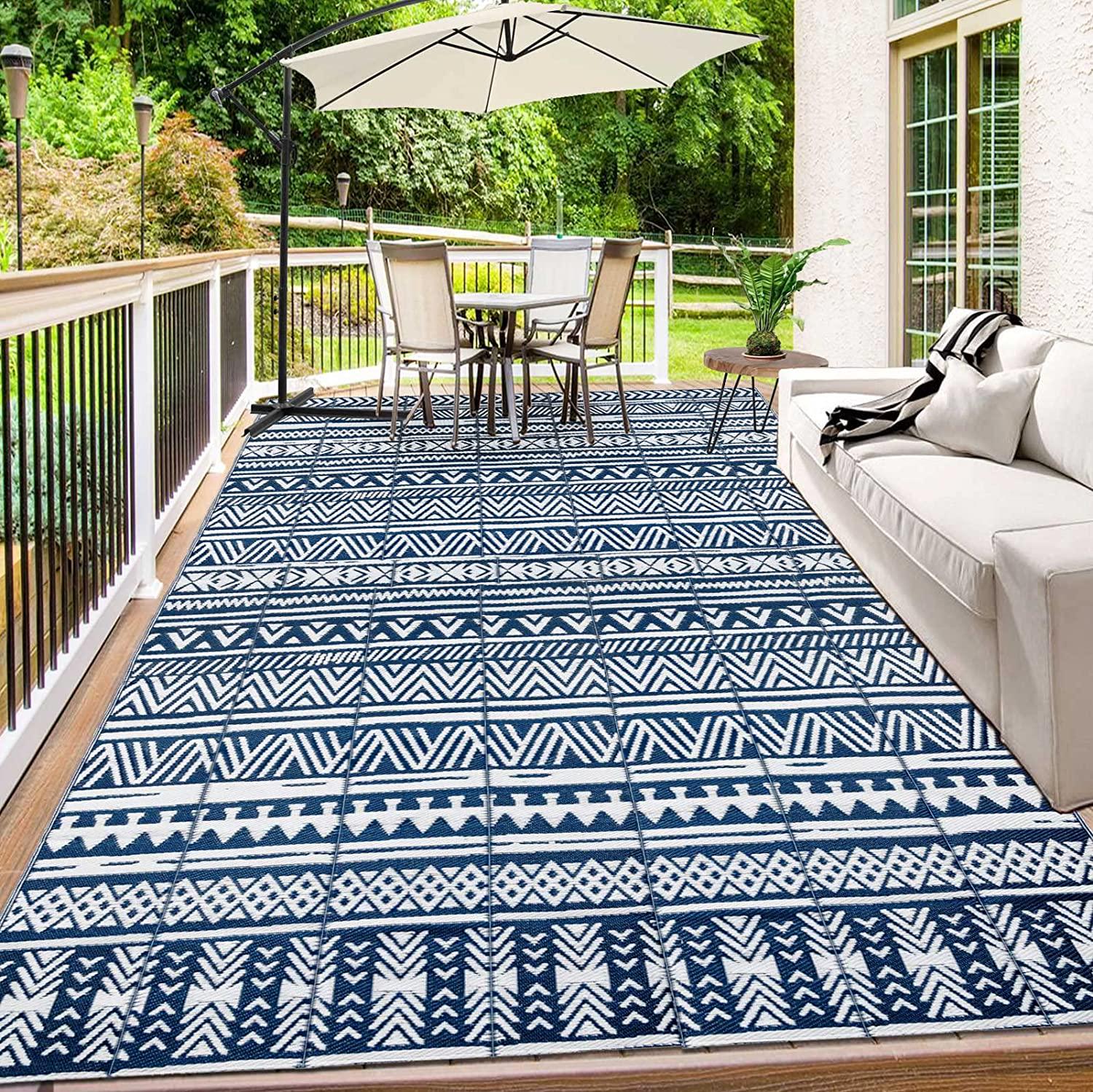 HiiARug 9&#039;x12&#039; Reversible Outdoor Rug, Plastic Straw Patio Rugs RV Camping Rug Reversible Mats, Large Floor Mat and Rug for RV, Patio, Backyard, Deck, Picnic, Beach, Trailer, Camping(Navy/White)-