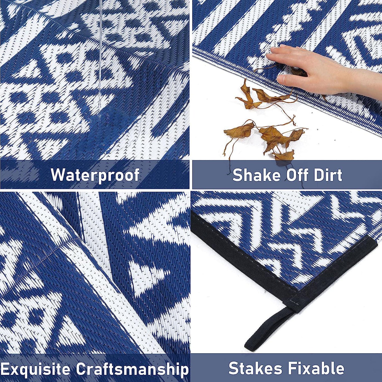 Reversible Outdoor Rug, Plastic Straw Patio Rugs RV Camping Rug Reversible Mats, Large Floor Mat and Rug Camping(Navy/White)