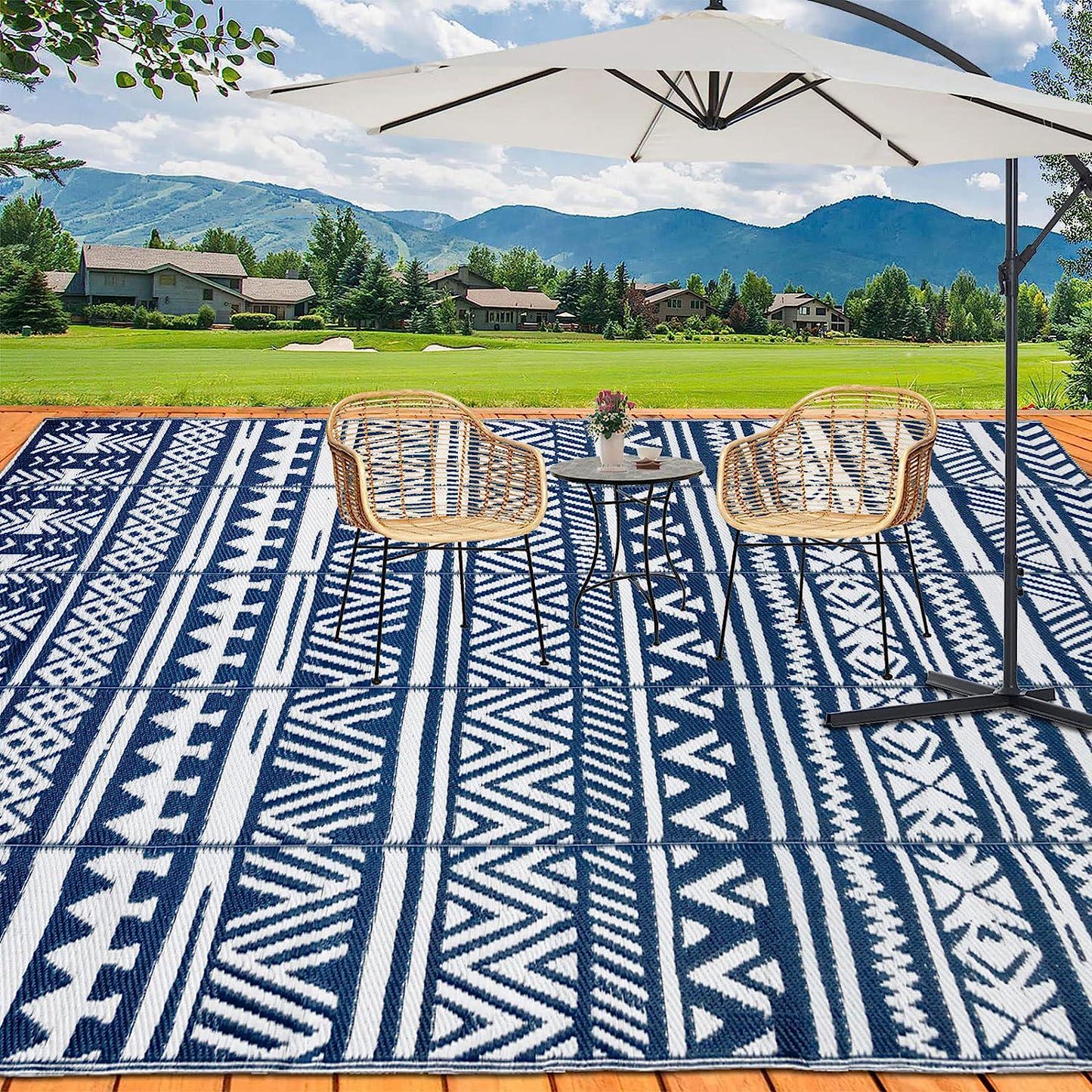 Reversible Outdoor Rug, Plastic Straw Patio Rugs RV Camping Rug Reversible Mats, Large Floor Mat and Rug Camping(Navy/White)