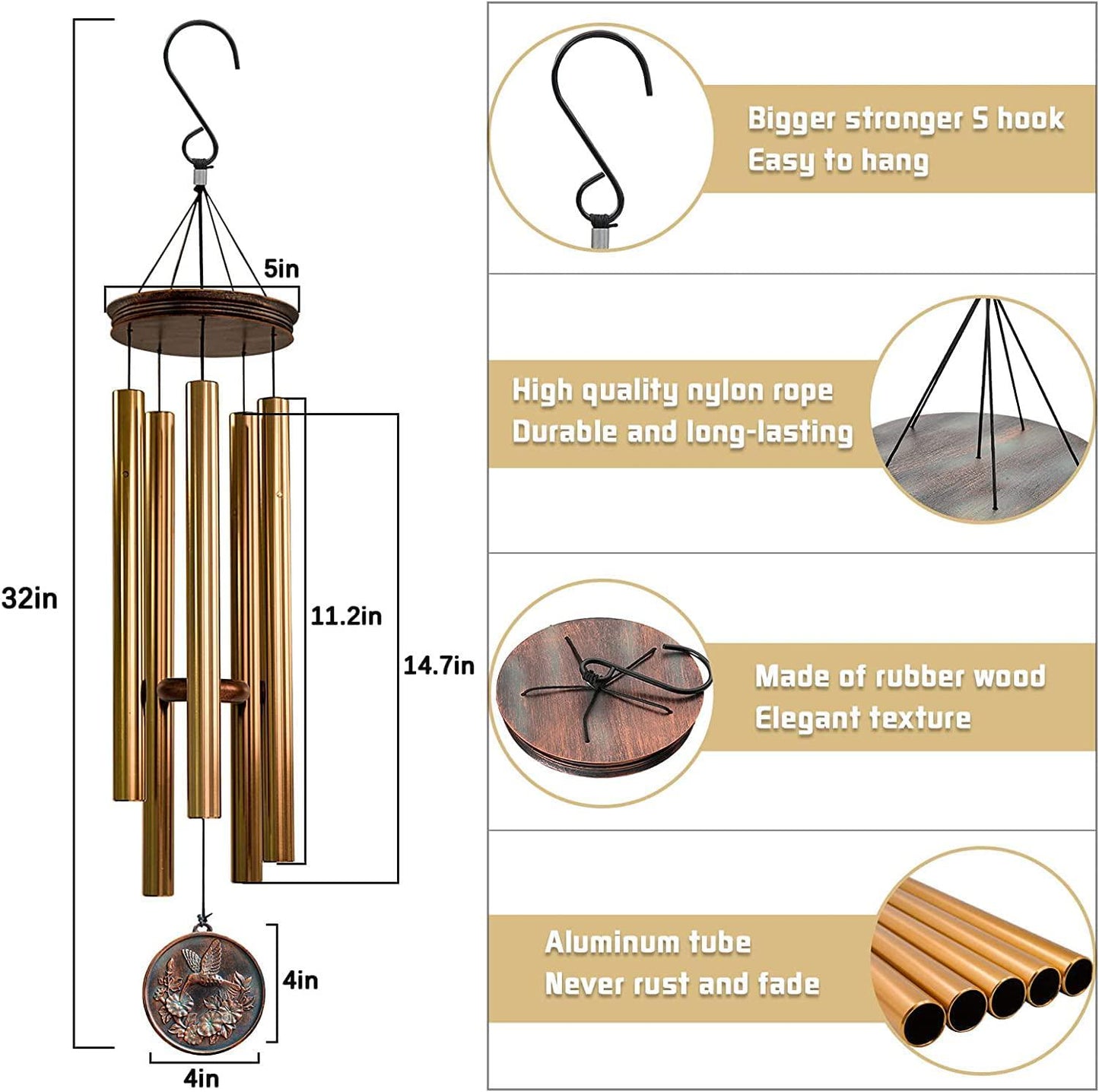 Hummingbird Sympathy Wind Chimes for Outside, Deep Tone Memorial Wind Chimes for Loss of Loved One, 32 Large Retro Wind Chimes with Resin Wind Sail