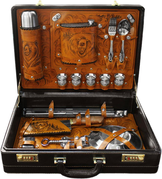 Hunting Set, Picnic Set; A Set for a Barbecue, Set of Cutlery, Glasses, Flask, Corkscrew, Thermos Bottle, Plates, Knives, Lighter and skewers-