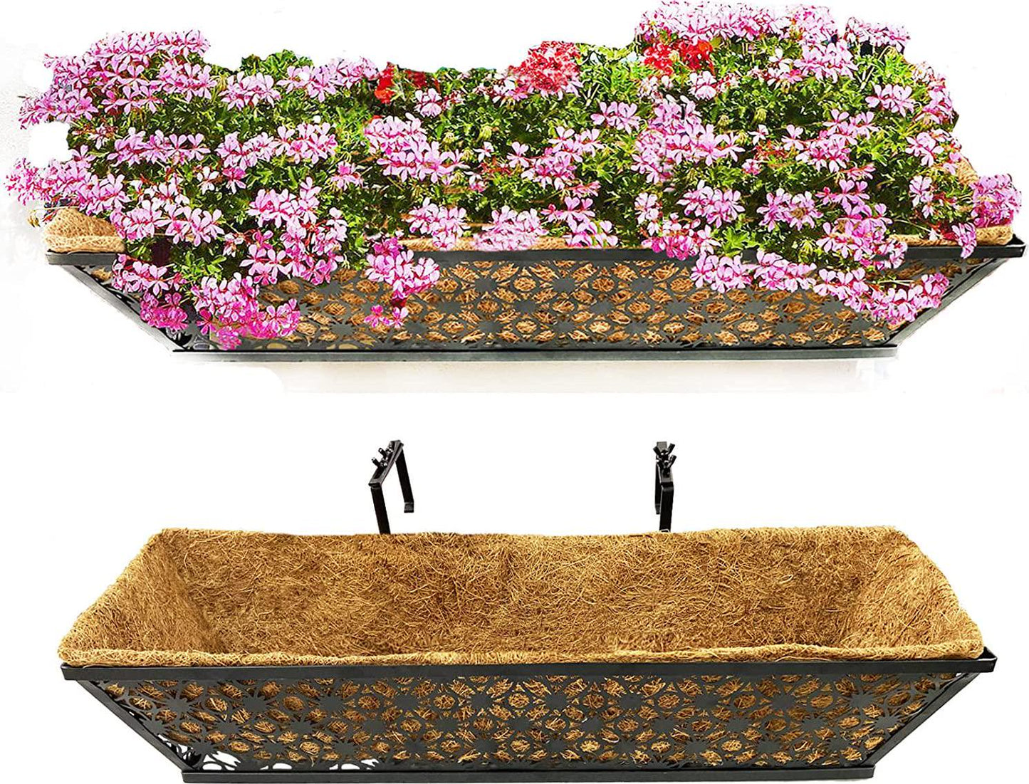 ICoirStream Window Railing Planter Box-2 pcs 24 Black Metal Hanging Flower Planter Window Basket Deck Planter Boxes with Coco Liners for Outdoor Indoor Lawn-