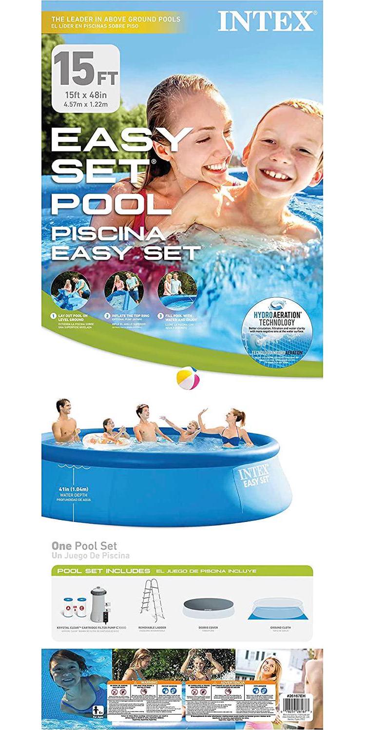 INTEX 28167EH Easy Set Inflatable Swimming Pool Set: 15ft x 48in Includes 1000 GPH Cartridge Filter Pump Removable Ladder Pool Cover Ground Cloth