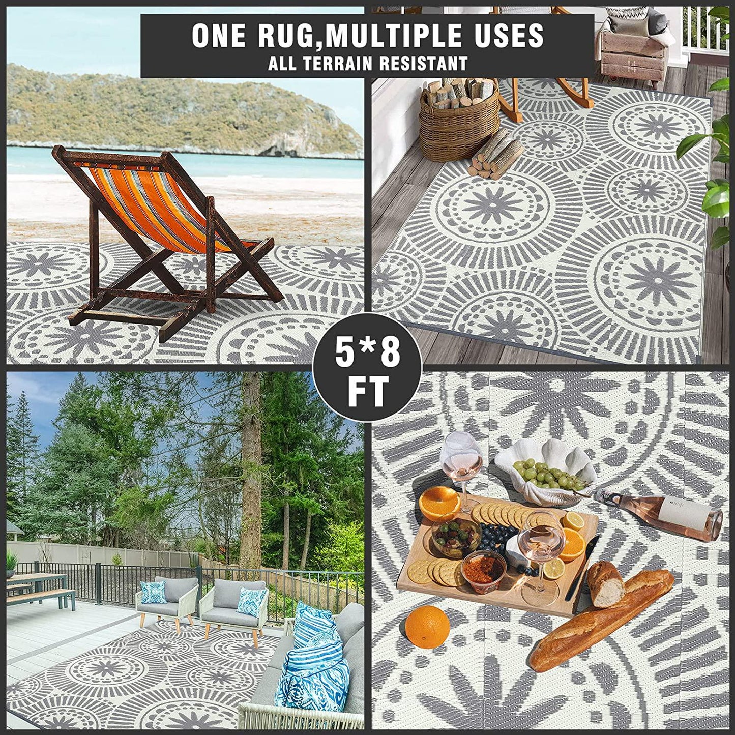 Ileading Reversible Plastic Outdoor Rug Modern Geometric Style Straw Mat, Waterproof Patios Carpet 5x8ft Non Shedding Portable Decor Area Rugs