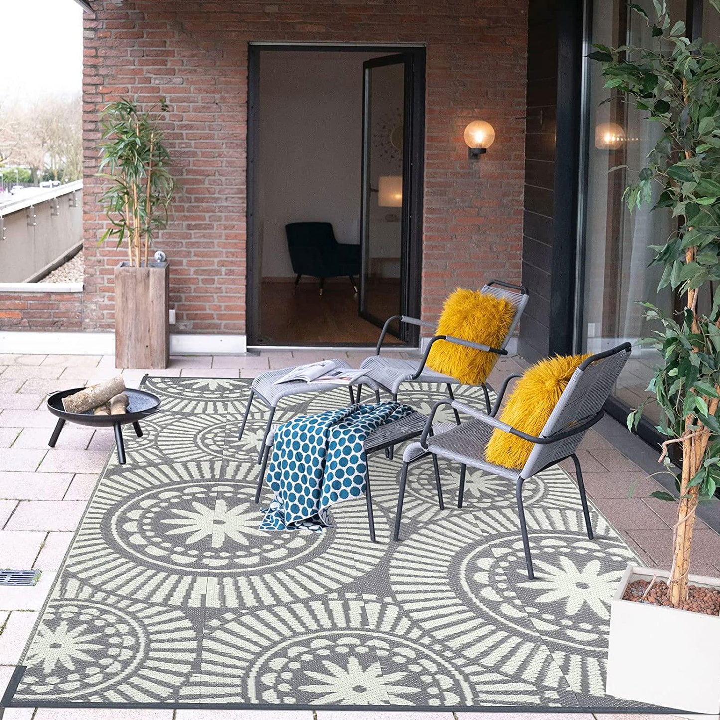 Ileading Reversible Plastic Outdoor Rug Modern Geometric Style Straw Mat, Waterproof Patios Carpet 5x8ft Non Shedding Portable Decor Area Rugs