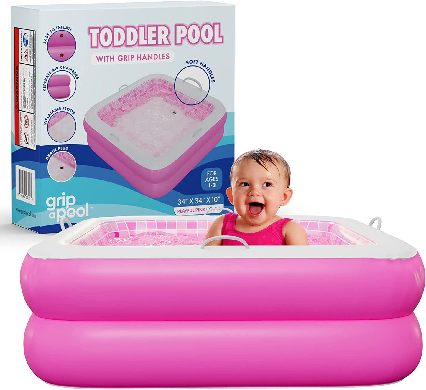 Inflatable Baby Pool with Grip Handle Bars and Blow Up Padded Floor with Drain - Small Square Kiddie Pool for Toddlers 1-3 Perfect Mini Bathtub and Ball Pit 34 Playful Pink-