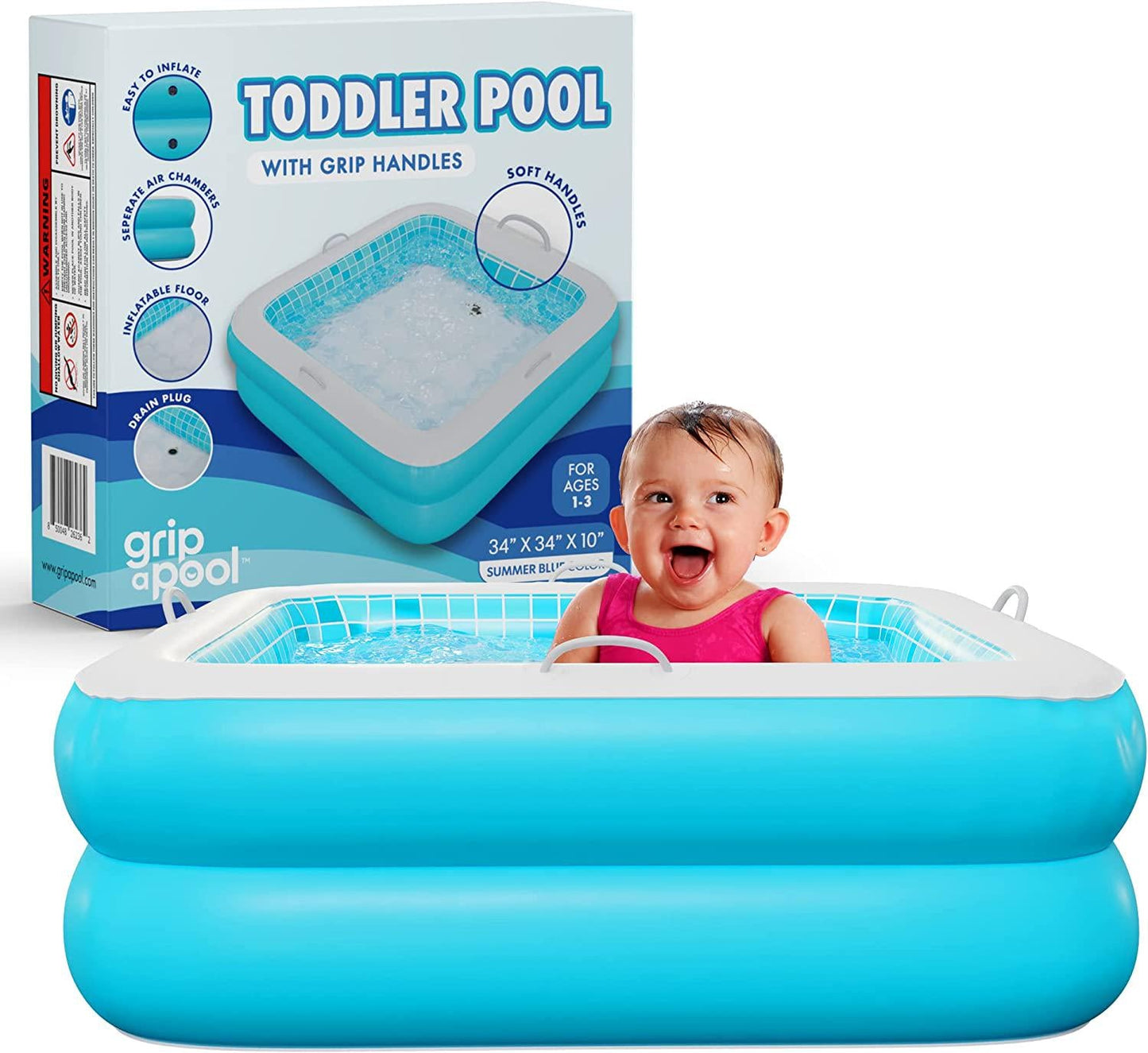 Inflatable Baby Pool with Grip Handle Bars and Blow Up Padded Floor with Drain - Small Square Kiddie Pool for Toddlers 1-3 Perfect Mini Bathtub and Ball Pit 34 Summer Blue-