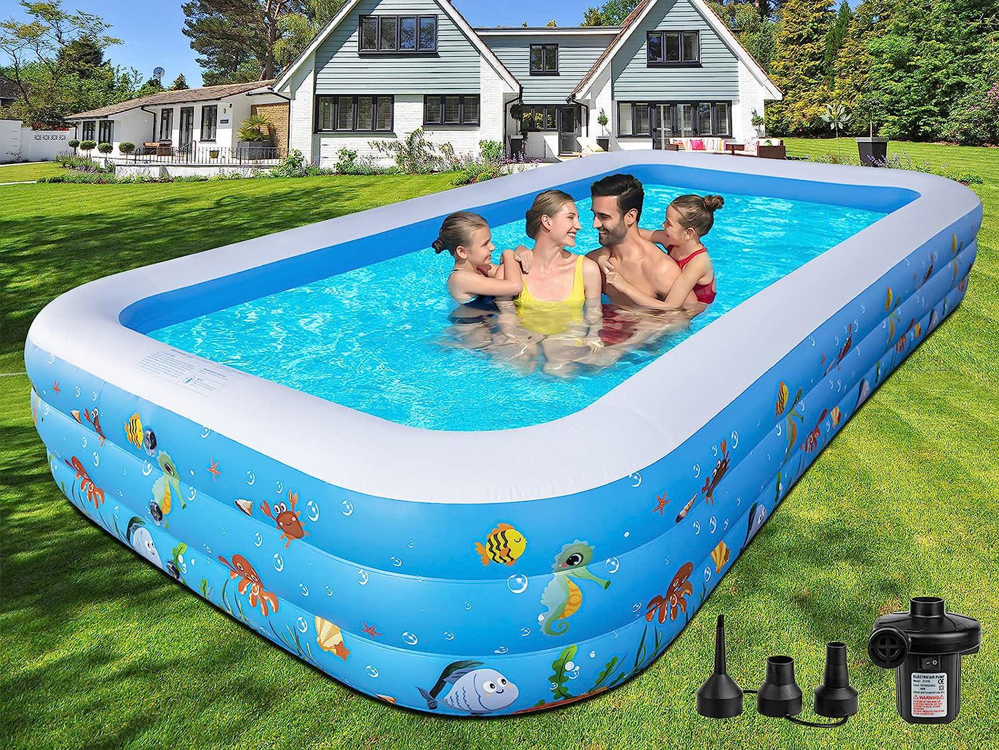 Inflatable Pool with Pump - 130'' x 72'' x 22'' Large Family Swimming Pool for Adults-