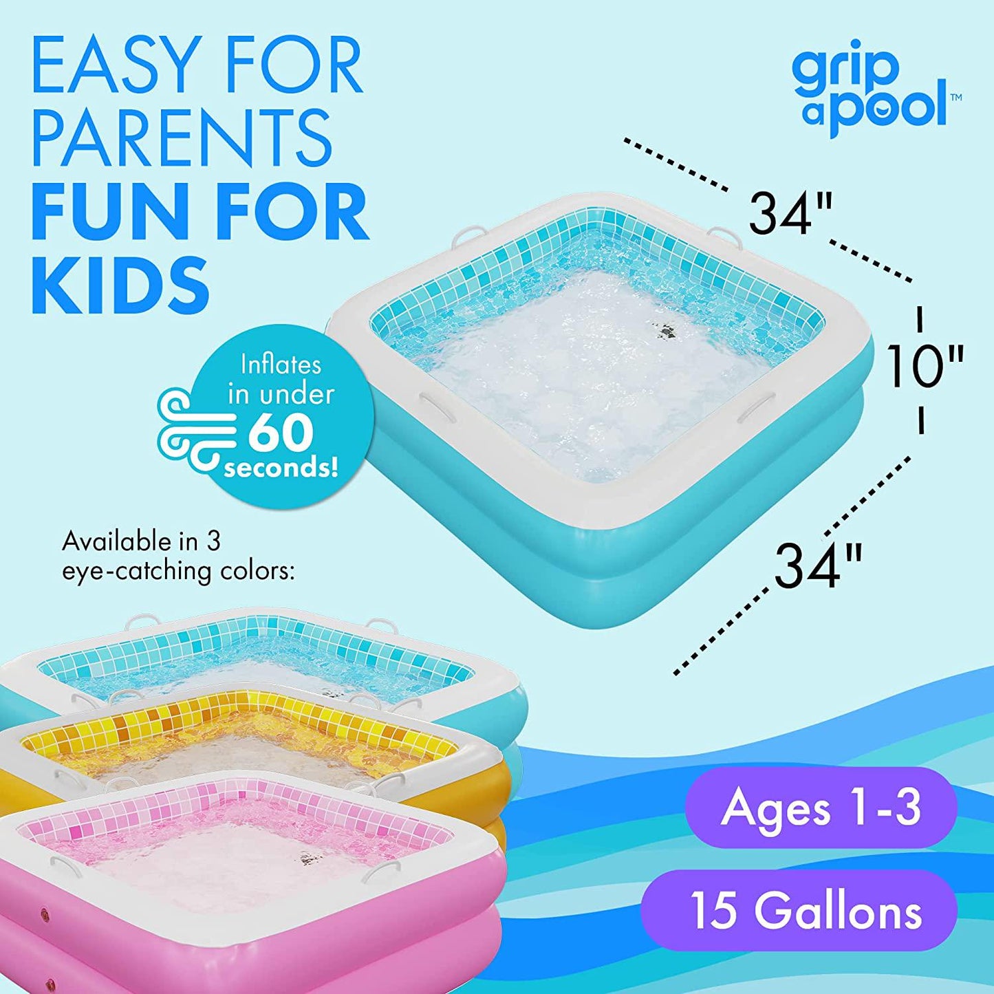 Inflatable Baby Pool with Grip Handle Bars and Blow Up Padded Floor with Drain - Small Square Kiddie Pool for Toddlers 1-3 Perfect Mini Bathtub and Ball Pit 34 Playful Pink