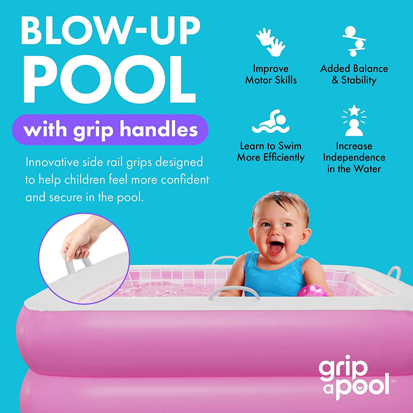 Inflatable Baby Pool with Grip Handle Bars and Blow Up Padded Floor with Drain - Small Square Kiddie Pool for Toddlers 1-3 Perfect Mini Bathtub and Ball Pit 34 Playful Pink