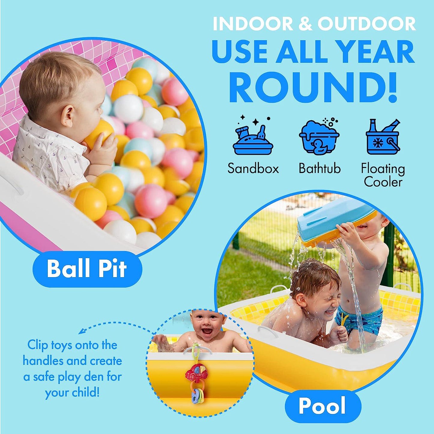 Inflatable Baby Pool with Grip Handle Bars and Blow Up Padded Floor with Drain - Small Square Kiddie Pool for Toddlers 1-3 Perfect Mini Bathtub and Ball Pit 34 Playful Pink