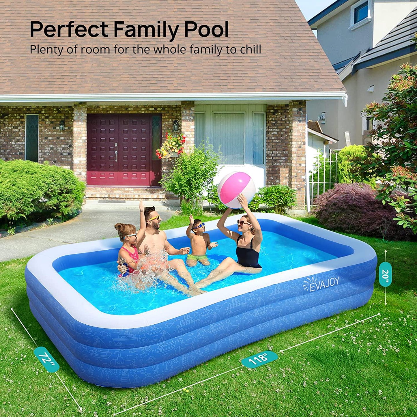 Inflatable Pool, 118''x72''x20'' Full-Size Inflatable Swimming Pool