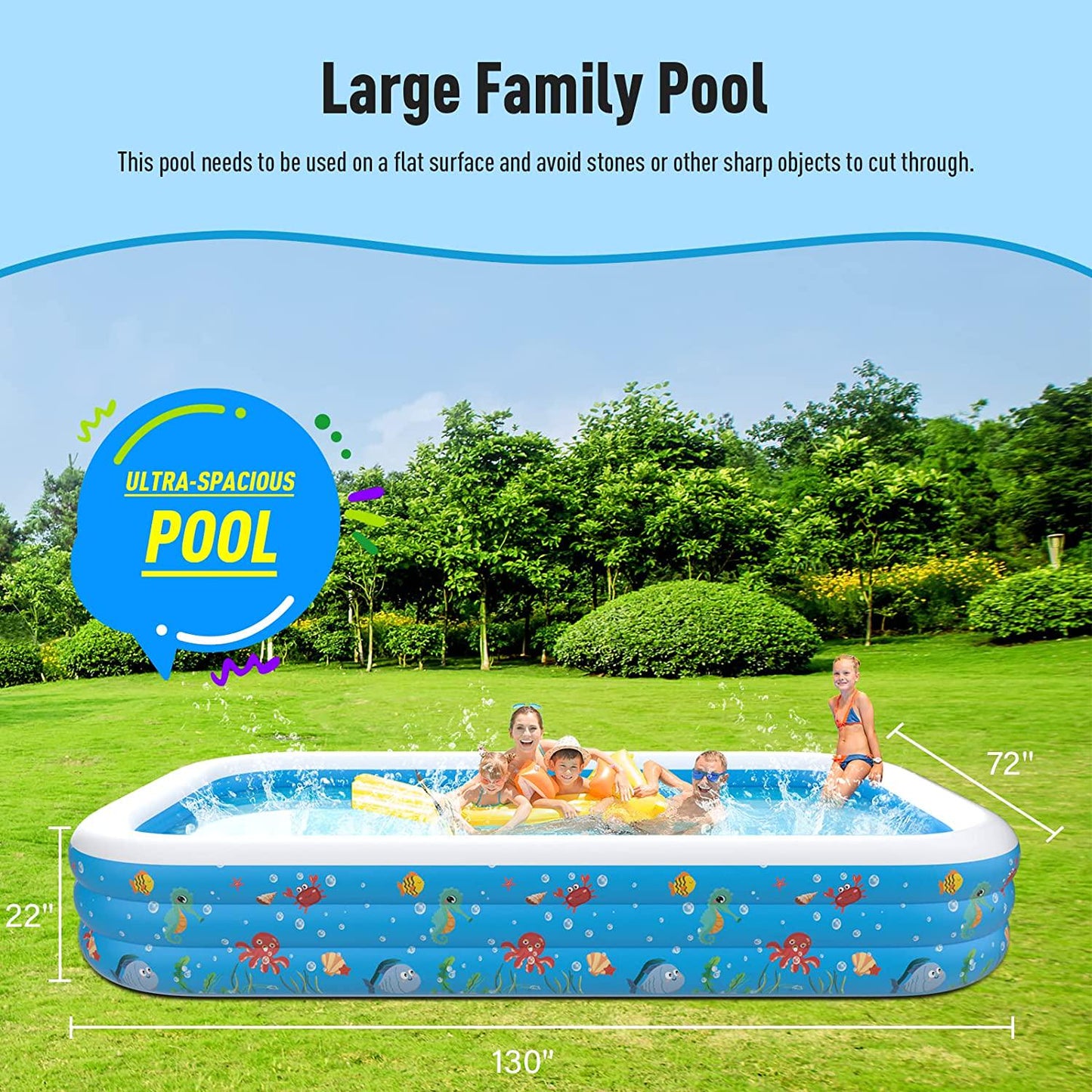 Inflatable Pool with Pump - 130'' x 72'' x 22'' Large Family Swimming Pool for Adults