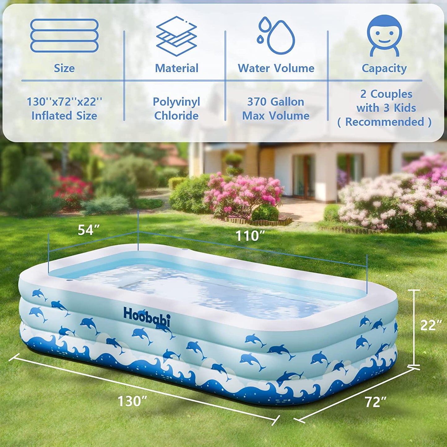 Inflatable Pool with Seats, Size: 130 x 72 x 22 Thickened Kiddie Pool for Kids, Toddlers and Adults, Blow Up Above Ground Swimming Pool for Family, Backyard, Garden, Lawn, Outdoor