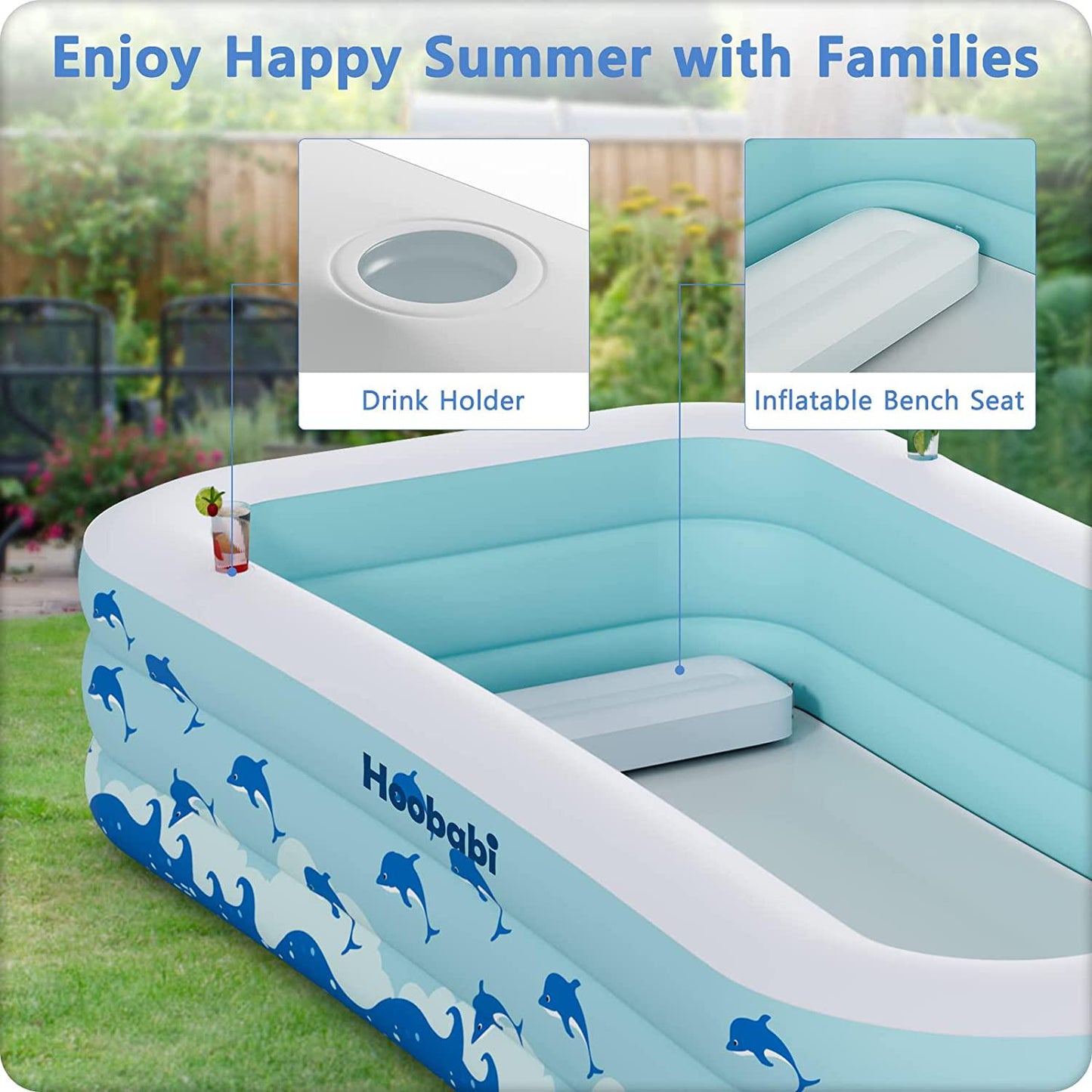 Inflatable Pool with Seats, Size: 130 x 72 x 22 Thickened Kiddie Pool for Kids, Toddlers and Adults, Blow Up Above Ground Swimming Pool for Family, Backyard, Garden, Lawn, Outdoor