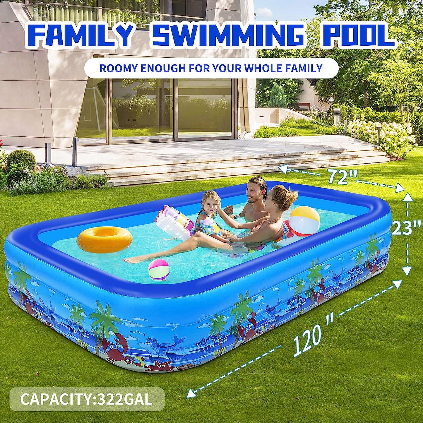 Inflatable Swimming Kiddie Pool 120 x 72 x 23 - Blow Up Family Full-Sized Water Pools - Ball Pit / Sand Pit / Fishing Pond for Kids, Babies, Toddlers, Indoor, Garden,