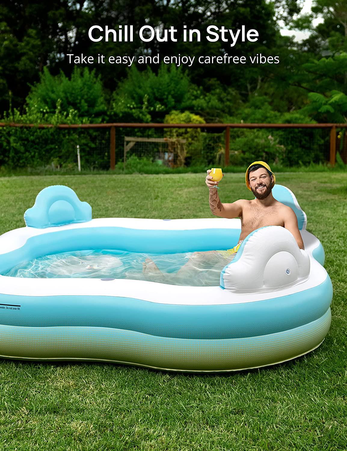 Inflatable Swimming Pool, EVAJOY Inflatable Pool for Kids, Adults, Family-Sized Above Ground Swimming Pool with 4 Seats, 4 Backrests, Cup Holders 200 gal