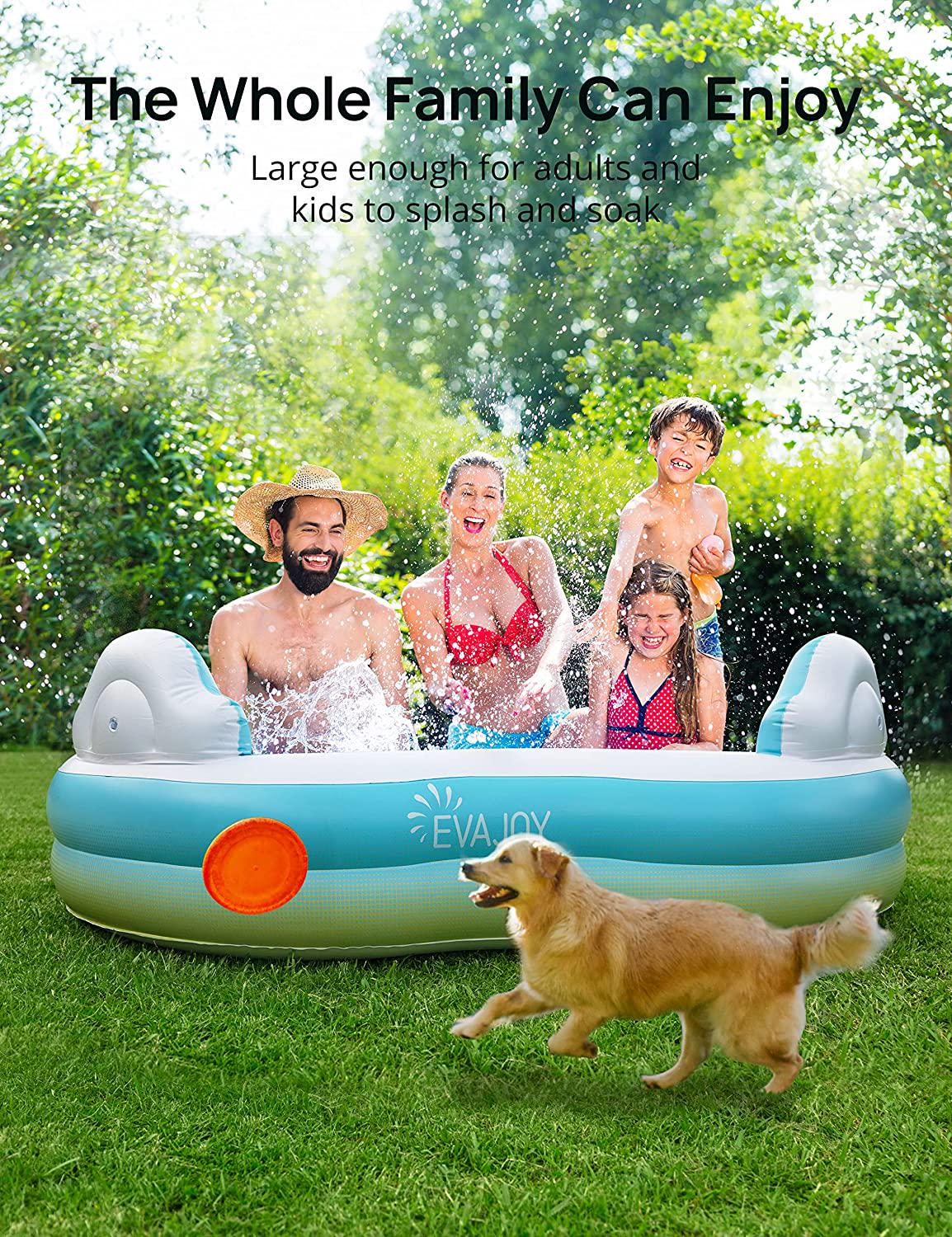 Inflatable Swimming Pool, EVAJOY Inflatable Pool for Kids, Adults, Family-Sized Above Ground Swimming Pool with 4 Seats, 4 Backrests, Cup Holders 200 gal