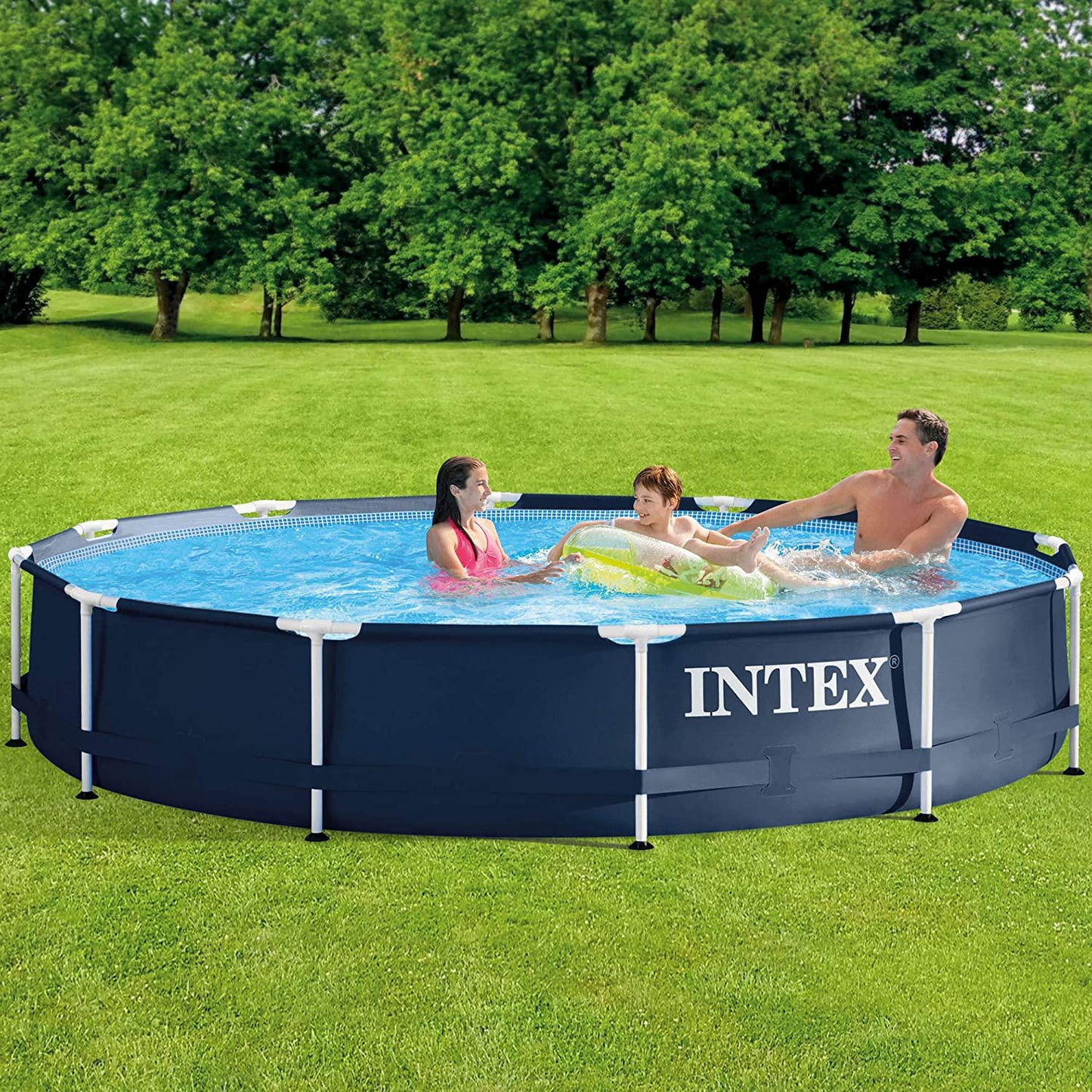 Intex Metal Frame 12 Foot x 30 Inch Round Above Ground Outdoor Backyard Swimming Pool with 530 GPH Filter Cartridge Pump, Navy