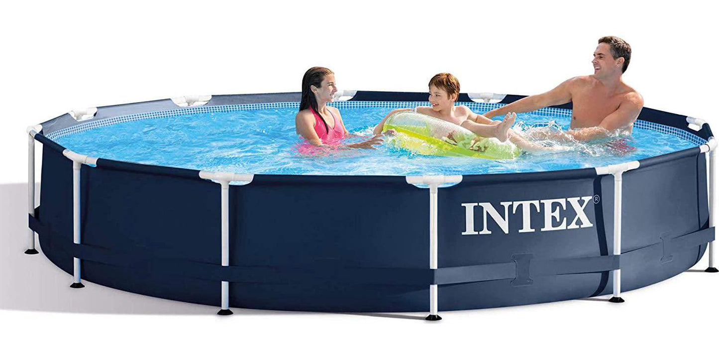 Intex Metal Frame 12 Foot x 30 Inch Round Above Ground Outdoor Backyard Swimming Pool with 530 GPH Filter Cartridge Pump, Navy