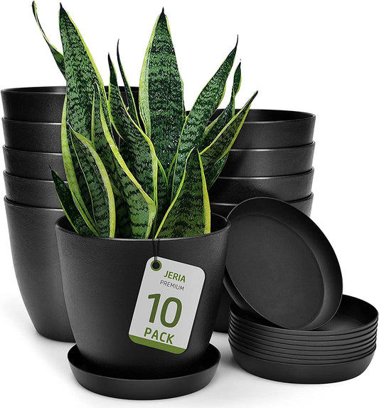JERIA 10-Pack 5.5 Inch Plastic Plant Pots with Drainage Hole and Trays, Modern Decorative Gardening Pots, Suitable for Indoor and Outdoor, All House Plants, Succulents, Flowers, and Cactus, Black-