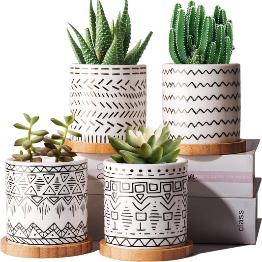 JOFAMY Succulent Pots, 4 Pack Ceramic Planters for Indoor Plants, Boho Original Design Flower Pots with Drainage Hole, Bamboo Tray. Stylish Plant Pots for Succulents, Aloe, Cactus, Home Office Decor-