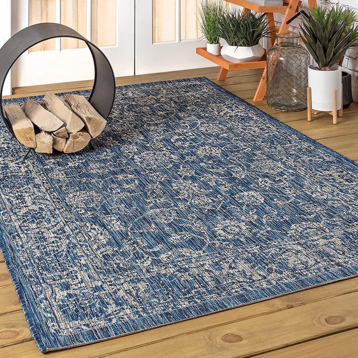 SMB100B-5 Tela Bohemian Textured Weave Floral Indoor/Outdoor Navy/Gray 5 ft. x 8 ft. Area-Rug