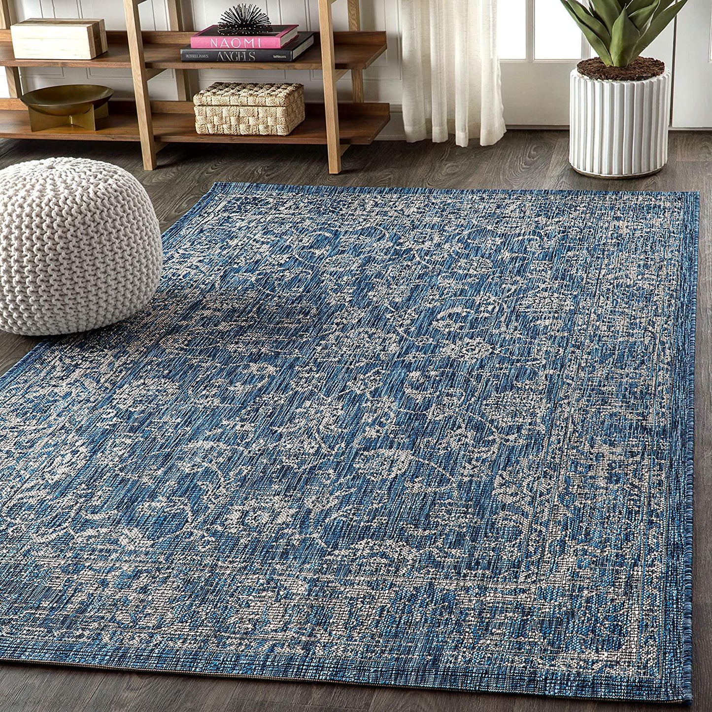 SMB100B-5 Tela Bohemian Textured Weave Floral Indoor/Outdoor Navy/Gray 5 ft. x 8 ft. Area-Rug