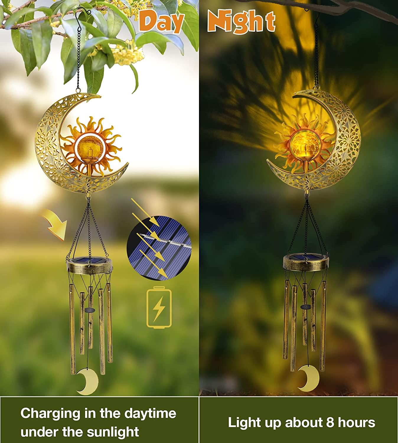 Sun Moon Solar Wind Chimes for Outside Crackle Glass Ball Waterproof Wind Chimes Outdoor Clearance Deep Tone Garden Decor Birthday Unique Gifts for Women Mom Grandma Windchimes Gardening