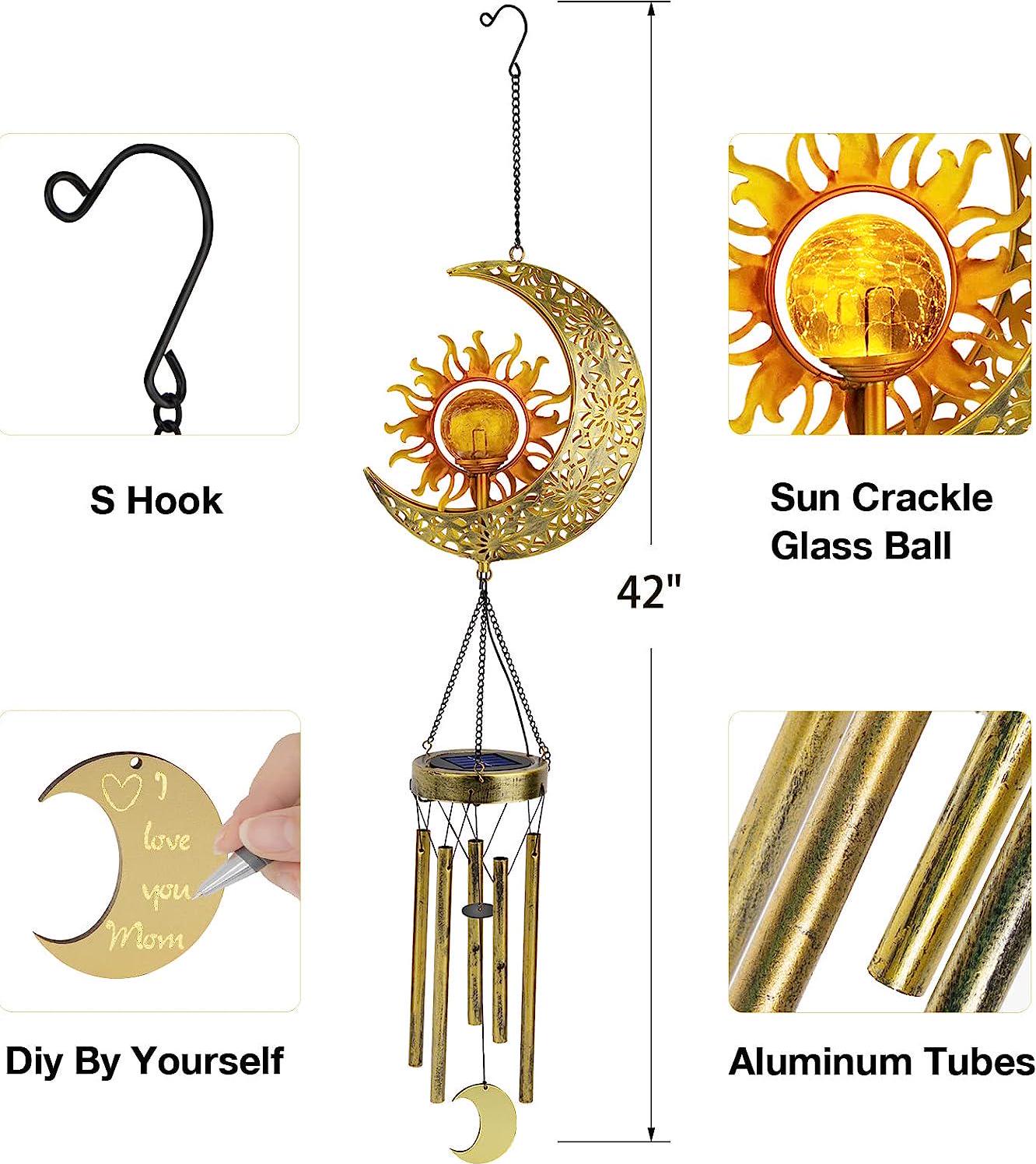 Sun Moon Solar Wind Chimes for Outside Crackle Glass Ball Waterproof Wind Chimes Outdoor Clearance Deep Tone Garden Decor Birthday Unique Gifts for Women Mom Grandma Windchimes Gardening