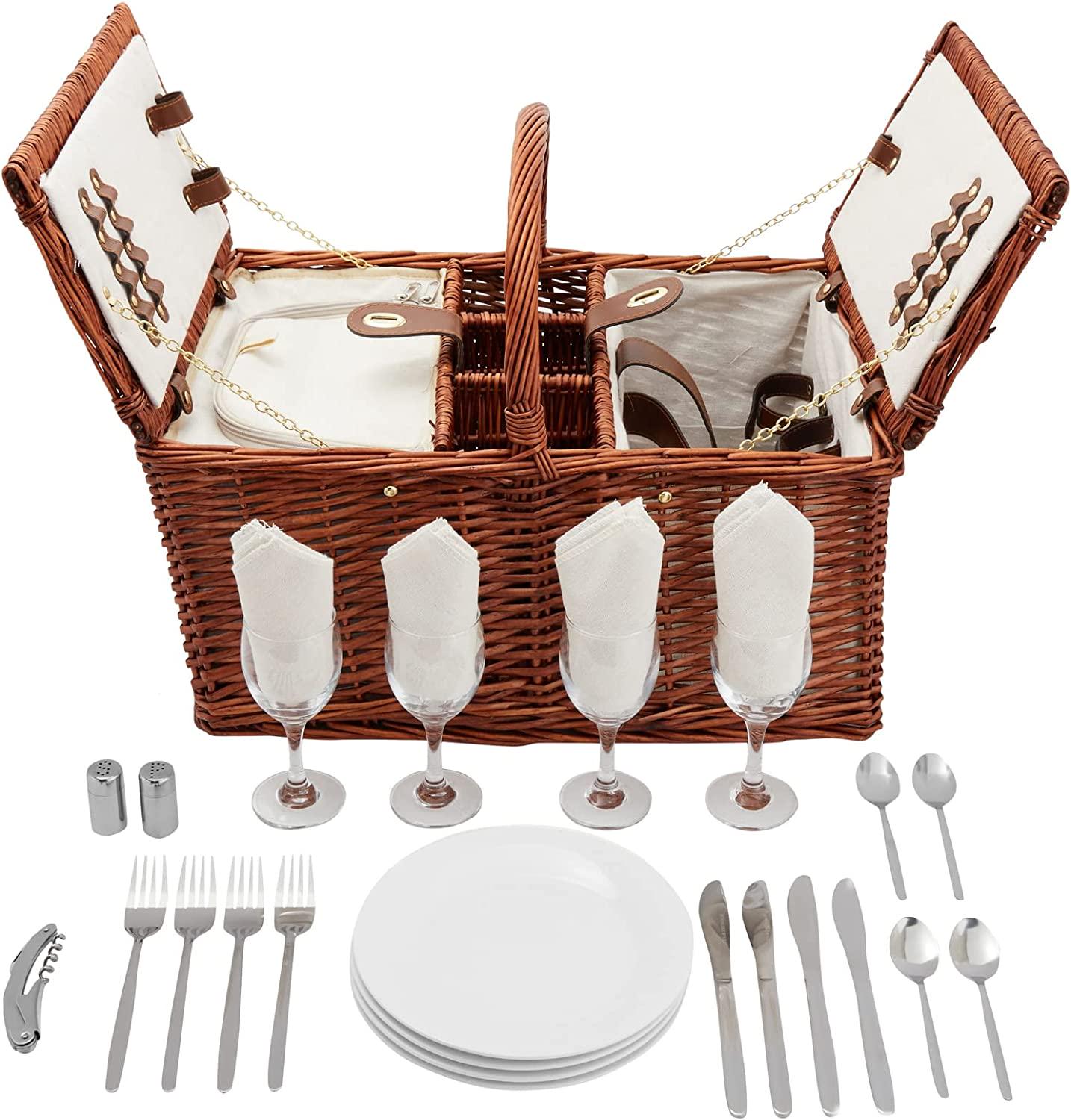 Juvale 4 Person Wicker Picnic Basket Set with Utensils, Glasses, and Insulated Cooler Bag, Camping Essentials Outdoor Tableware for Family Gatherings