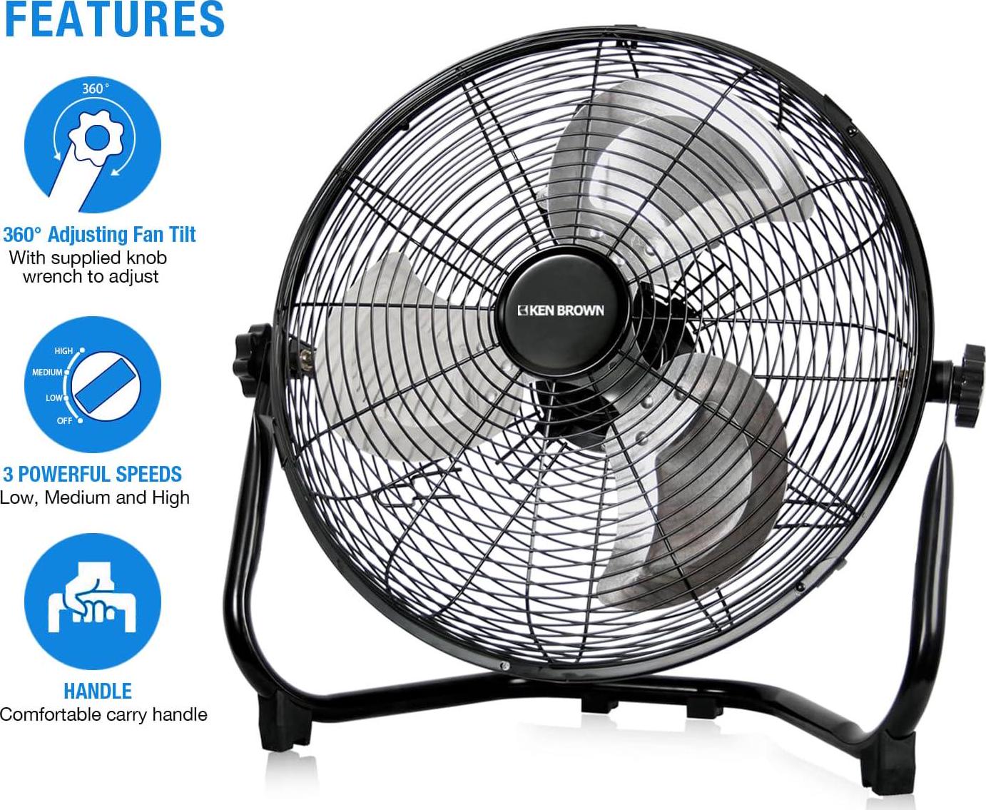 14 Inch High Velocity Floor Fan 3-Speed 360° Adjustable Tilting Powerful Airflow for Home,Residential Use, Black