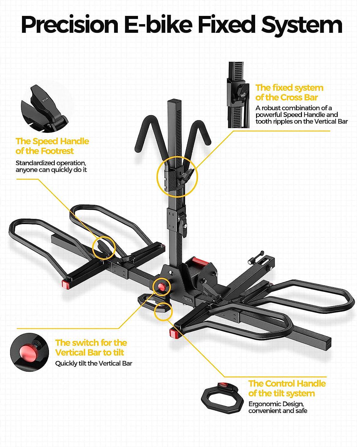 2 Hitch Mounted E-Bike Rack, Carries 2 Bikes up to 90 lbs Each for Standard, Fat Tire, Electric Bicycles-Heavy Duty, Foldable and Tilting Ebike Rack