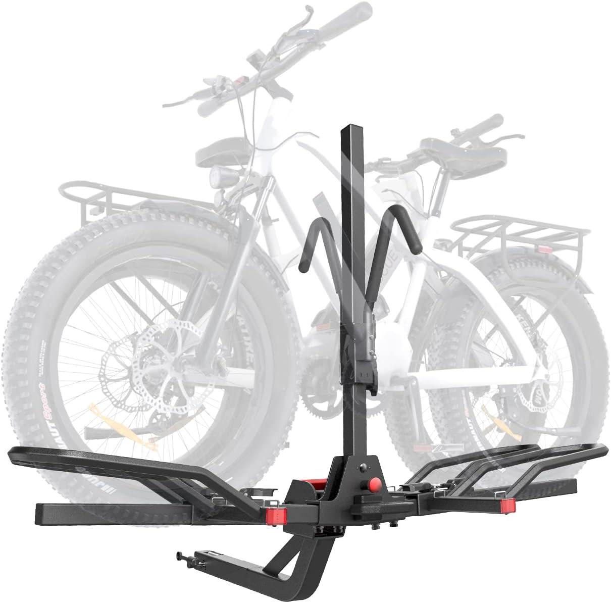 2 Hitch Mounted E-Bike Rack, Carries 2 Bikes up to 90 lbs Each for Standard, Fat Tire, Electric Bicycles-Heavy Duty, Foldable and Tilting Ebike Rack