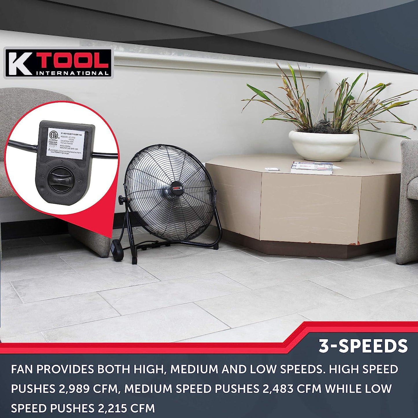 K 77722; 20 Inch, High Velocity Quick Mount Floor Fan, Converts to Wall Fan, 3- Speed Motor, 360 Degree Tilt, Ideal Fan for Home or Office, 5.5 Foot Cord, 2,989 Max CFM, Black